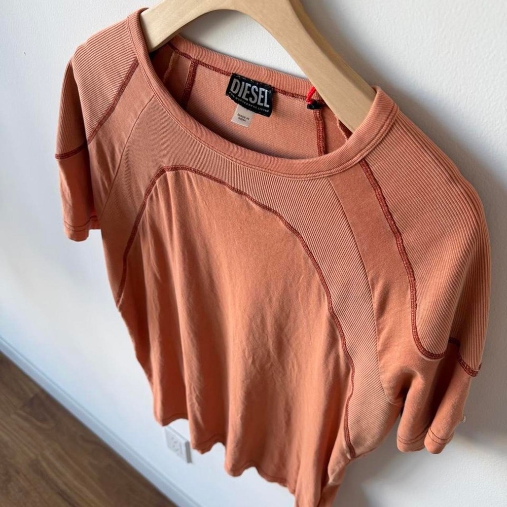 Diesel Mens Short Sleeve Paneled T-Shirt Salmon Orange Coral Pink Ribbed Trim